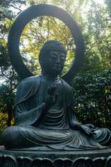 A statue of buddha in a Japanese garden