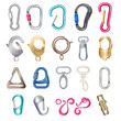 Carabiner clasps isolated vector illustrations. Metal colored carabiner with open closed hook, technical clips and claws for bag or carbine snap for climbing hiking clasped rope equipment icons set