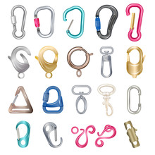 Carabiner Clasps Isolated Vector Illustrations. Metal Colored Carabiner With Open Closed Hook, Technical Clips And Claws For Bag Or Carbine Snap For Climbing Hiking Clasped Rope Equipment Icons Set