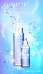 Wall Mural - 3D transparent glass cosmetic bottle with shiny glimmering background template banner.