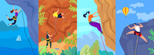 Climbing Vector Illustration, Climber Climbs Up The Mountain. Extreme Adventure Active Outdoor Sport. Posters Set Strong Brave Male Female Cartoon People Characters On Rock With Rope. Mountaineering