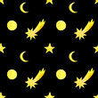Watercolor hand drawn yellow stars, moon and comets seamless pattern isolated on black night background. Outer space print for  textile, wallpaper, wrapping paper, background, design etc.