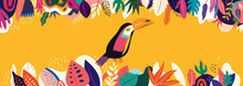 Vector Colorful Illustration With Tropical Flowers, Leaves And Toucan	