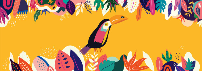 Wall Mural - Vector colorful illustration with tropical flowers, leaves and toucan	