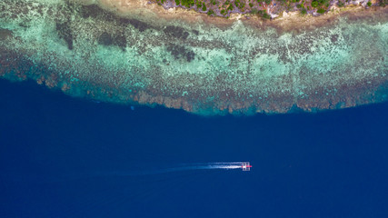 Wall Mural - Aerial top down view of boat moving in open sea with clear and turquoise water on over coral reef,  Boat left the tropical lagoon, Moalboal, Oslob, Cebu Island, Philippines.