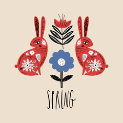 Wall Mural - Spring lettering greeting card. Rabbits with folk nordic floral ornaments. Paper cut animals in flat modern scandinavian style. Hand drawn colored set. Hygge and lagom design concept. Vector EPS