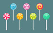 Set of lollipop sweet colorful candies with spiral and ray patterns. Vector illustration isolated
