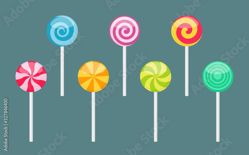 Set of lollipop sweet colorful candies with spiral and ray patterns Poster Mural XXL
