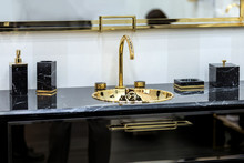 A Beautiful Black Marble Washbasin With A Gold Tap And Fittings. Gold Sink, Led Mirror, Marble Black Dispensers