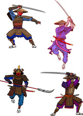 vector image of a samurai with a sword in the style of color graphics hieroglyphs are translated from Japanese as a banzai samurai