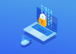 Isometric vector composition of laptop screen, a closed lock and flash card on a blue background.