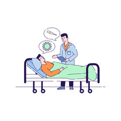 Wall Mural - Doctor man discussing with male patient flat vector illustration. Hospitalization patient. Sick person is in a medical bed. Isolated cartoon characters on a white background.