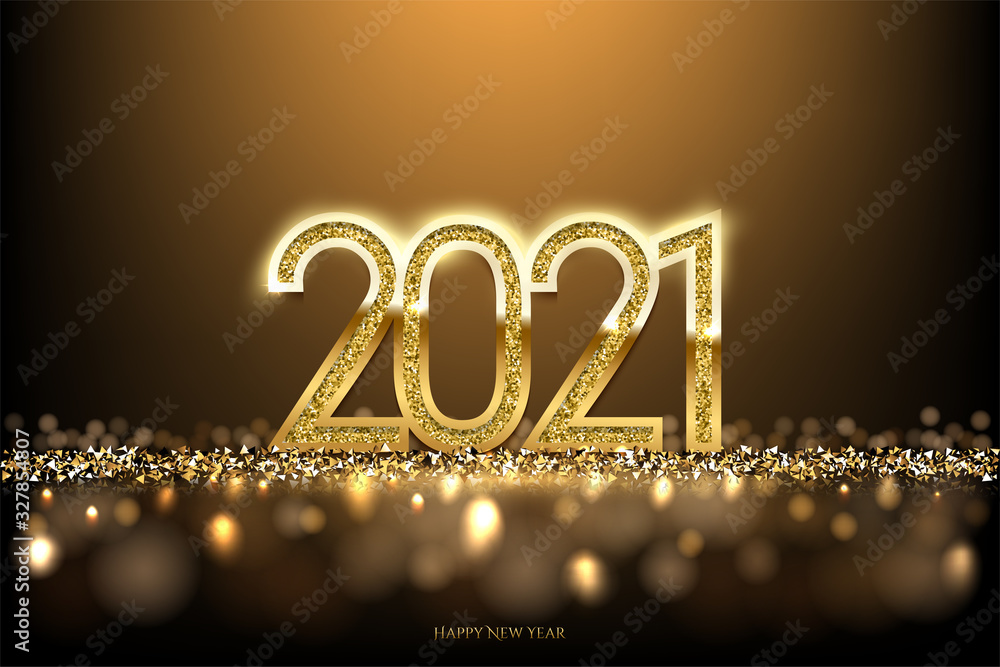 Happy new year banner vector template. Winter holiday, christmas congratulations. Festive postcard, luxurious greeting card concept. 2021 number with golden glitter illustration with text space. - obrazy, fototapety, plakaty 