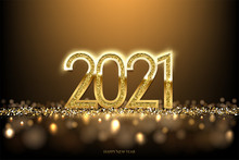 Happy New Year Banner Vector Template. Winter Holiday, Christmas Congratulations. Festive Postcard, Luxurious Greeting Card Concept. 2021 Number With Golden Glitter Illustration With Text Space.
