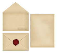 Vintage Envelope, Letter Paper, Wax Seal Flat Set