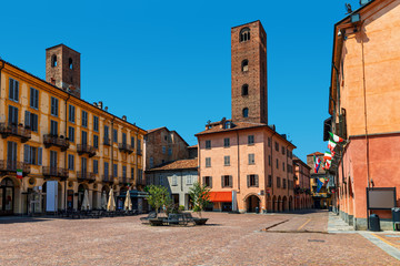 Wall Mural - Old town square and medieval towers in Alba, Italy.