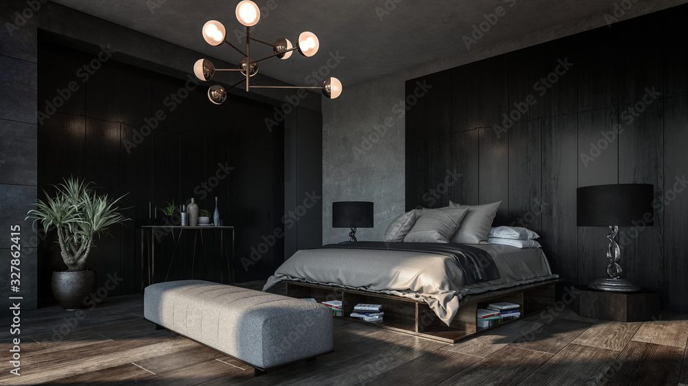 Design of luxury bedroom with dark interior - obrazy, fototapety, plakaty 