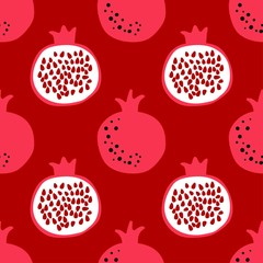 Wall Mural - Pomegranate pattern. Seamless design with whole and half fruit. Simple cute illustration in cartoon flat style. Vector