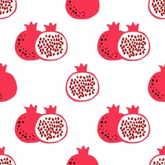 Wall Mural - Pomegranate pattern. Seamless design with whole and half fruit. Simple cute illustration in cartoon flat style. Vector