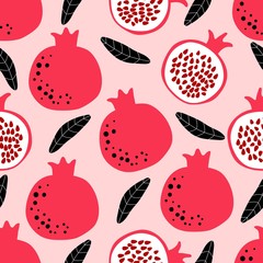 Wall Mural - Pomegranate pattern with whole and half fruits and leaves. Seamless design great for home decor fabric, kitchen cloth and scrapbook digital paper. Simple cute illustration in cartoon flat