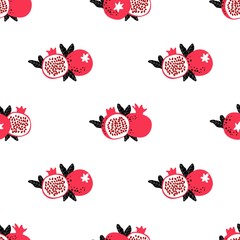 Wall Mural - Pomegranate pattern with whole and half fruits and leaves. Seamless design great for home decor fabric, kitchen cloth and scrapbook digital paper. Simple cute illustration in cartoon flat