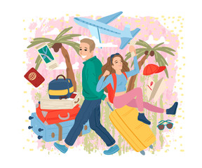 couple traveling together with luggage. travel concept. vector cartoon illustration