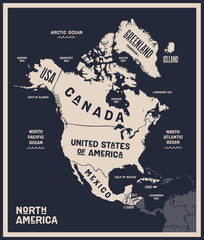 map north america. poster map of north america. black and white print map of north america for t-shi