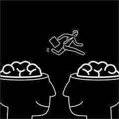 Mind exchange. Vector illustration of businessman jumping from one brain to other | modern flat design linear concept icon and infographic white on black background