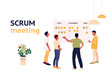 Stand-up meeting vector illustration. Agile and scrum methodology. Scrum master with developer team. Kanban whiteboard with stickers. Trendy flat style illustration.