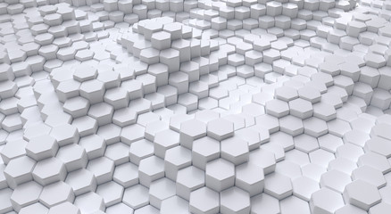 Sticker - Abstract white hexagonal background. Ceramic hex tiles. Interior design concept. 3d render illustration. Geometry pattern. Random honeycomb cells. Polygonal glossy surface. Architectural abstraction