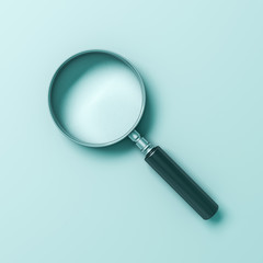 Poster - Magnifying glass isolated on cyan green blue pastel color background with shadow 3D rendering