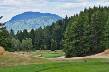 New Zealand Golf Course View with Mountain and Forest Background and Two Levels of Fairway