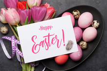 Easter Greeting Card With Eggs And Tulips