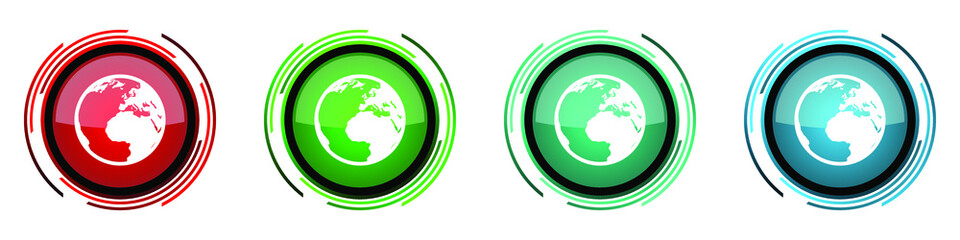 Fototapete - Earth round glossy vector icons, set of buttons for webdesign, internet and mobile phone applications in four colors options isolated on white background