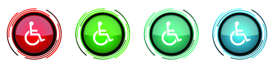 Aufkleber - Wheelchair round glossy vector icons, set of buttons for webdesign, internet and mobile phone applications in four colors options isolated on white background