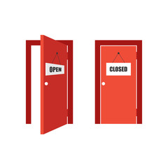 Front view open and closed red entrance doors. Door icon. Vector illustration isolated on white background.	