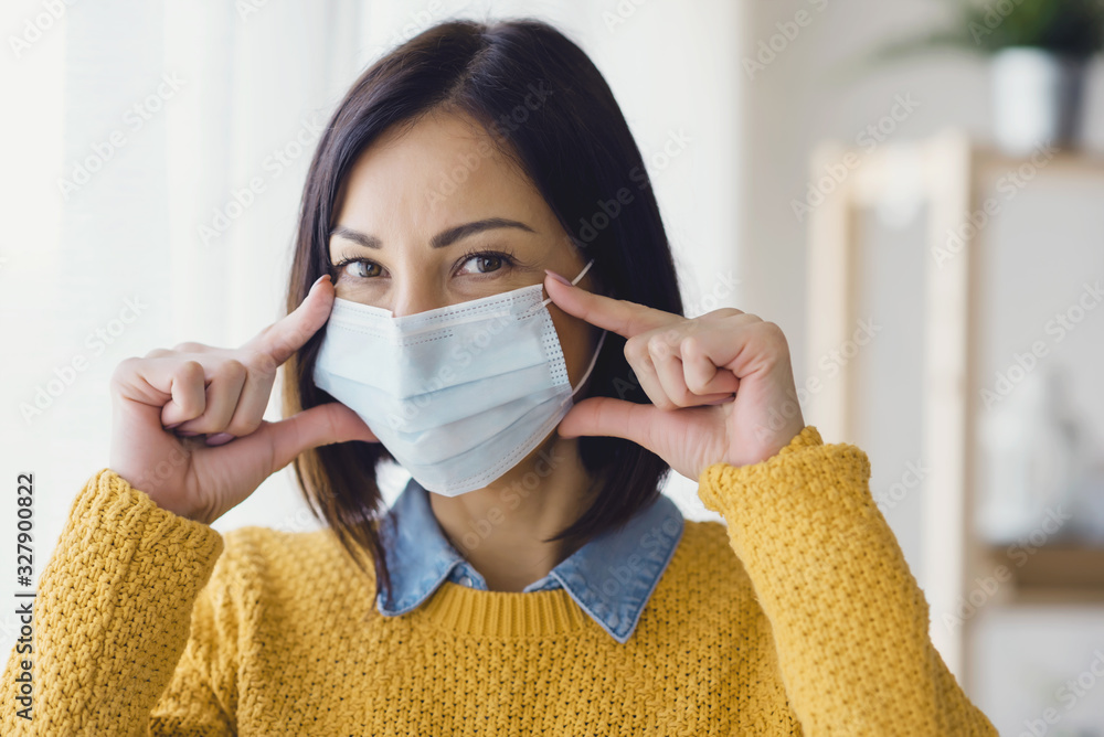 Portrait of young Asian woman,  wearing a medical surgical disposable face mask to prevent infection, virus, air pollution - obrazy, fototapety, plakaty 