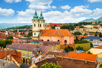 Panoramic view of old town of Eger (Hungary) from the Eszterhazy University. Church of Anthony of Padua,  Castle of Eger.