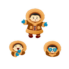 Wall Mural - vector icon of funny cute baby eskimos chukcha inuit, funny Chukchi funny kid in warm winter fluffy clothes with blue gloves, in a fur coat with a hood, closes his eyes with his hands, laughs isolated