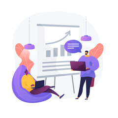 Wall Mural - Business financial report. Entrepreneurs cartoon characters writing business plan, analyzing data and statistics. Graphic, information, research. Vector isolated concept metaphor illustration
