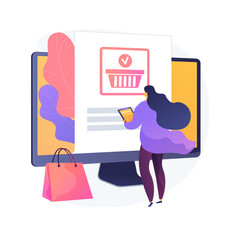 Sticker - Online ordering, purchase making, buying goods on internet store website. Female customer with tablet adding product to cart cartoon character. Vector isolated concept metaphor illustration.