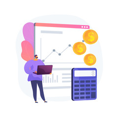 Poster - Business accounting, profit growth, calculation. Data analysis, analytics and statistics. Accountant, bookkeeper with laptop cartoon character. Vector isolated concept metaphor illustration.