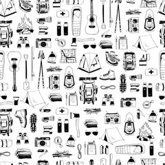 Wall Mural - Vector seamless pattern with black elements isolated on white. Trendy endless texture. Print for tourism, camping. Backpack, boots, tent, compass, map, flashlight, binoculars, camera, bottle of water