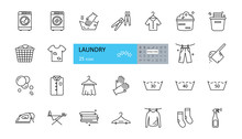 Laundry Icon. Vector Set Of 25 Icons With Editable Stroke. The Collection Includes A Washing Machine, Gloves, Clothes Pegs, Clean And Dirty Linen, Washing Powder, Drying Clothes, A Hanger And An Iron.