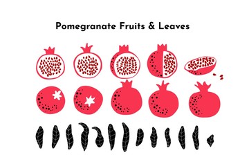 Wall Mural - Pomegranate fruit bunde made of leaves, whole, cut and slice fruits and seeds. Vector drawing isolated on white. Simple cute design. Great for card, poster, banner background. Botanical