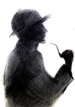 Dark Silhouette Of Man With A Pipe. Illustration Of The Image Of Sherlock Holmes.
