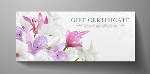 Wall Mural - Gift certificate, voucher design for VIP invite. White background with orchid, magnolia flowers bouquet. Vector template useful for wedding card, anniversary invitation, 8 March greeting