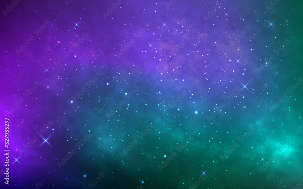 Space background with stardust and shining stars. Colorful cosmos with realistic galaxy and nebula. Starry wallpaper. Bright milky way. Vector illustration - obrazy, fototapety, plakaty 