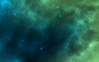 Space background. Green realistic cosmos backdrop. Starry nebula with stardust and milky way. Color galaxy and shining stars. Bright space objects. Vector illustration