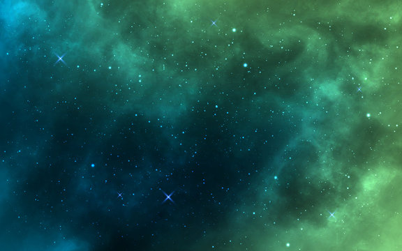 Fototapete - Space background. Green realistic cosmos backdrop. Starry nebula with stardust and milky way. Color galaxy and shining stars. Bright space objects. Vector illustration
